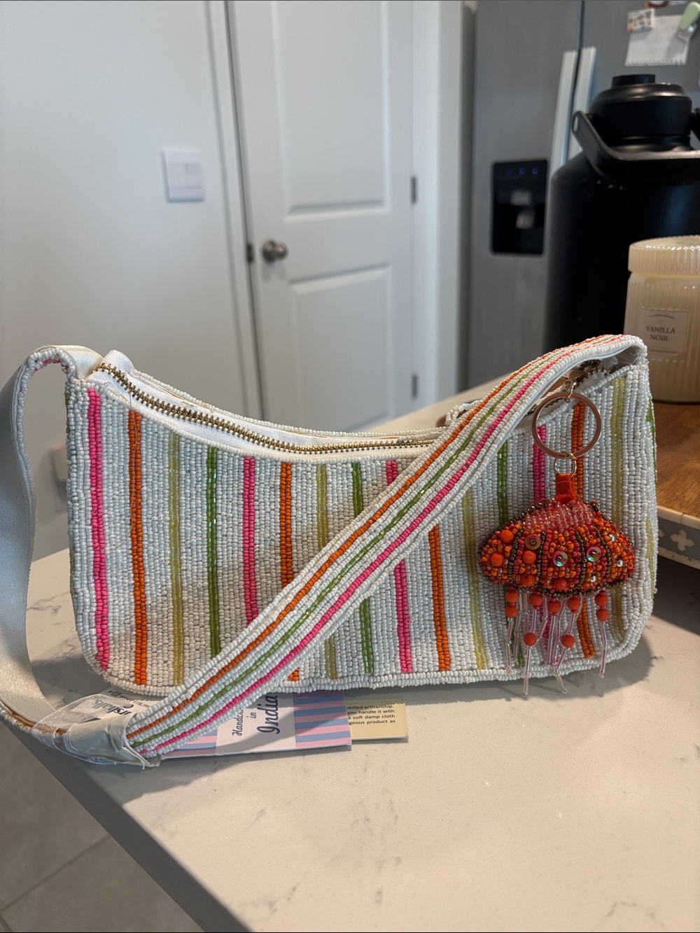 Beaded Striped Shoulder Bag in White with Multicolor Accents